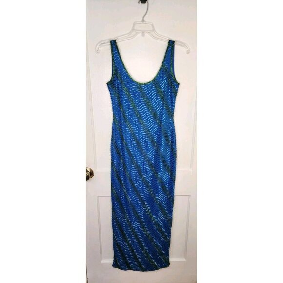 Size PM Vintage Scala 100% Silk Fully Beaded Green Blue Low Back Dress Stunning - Picture 1 of 7